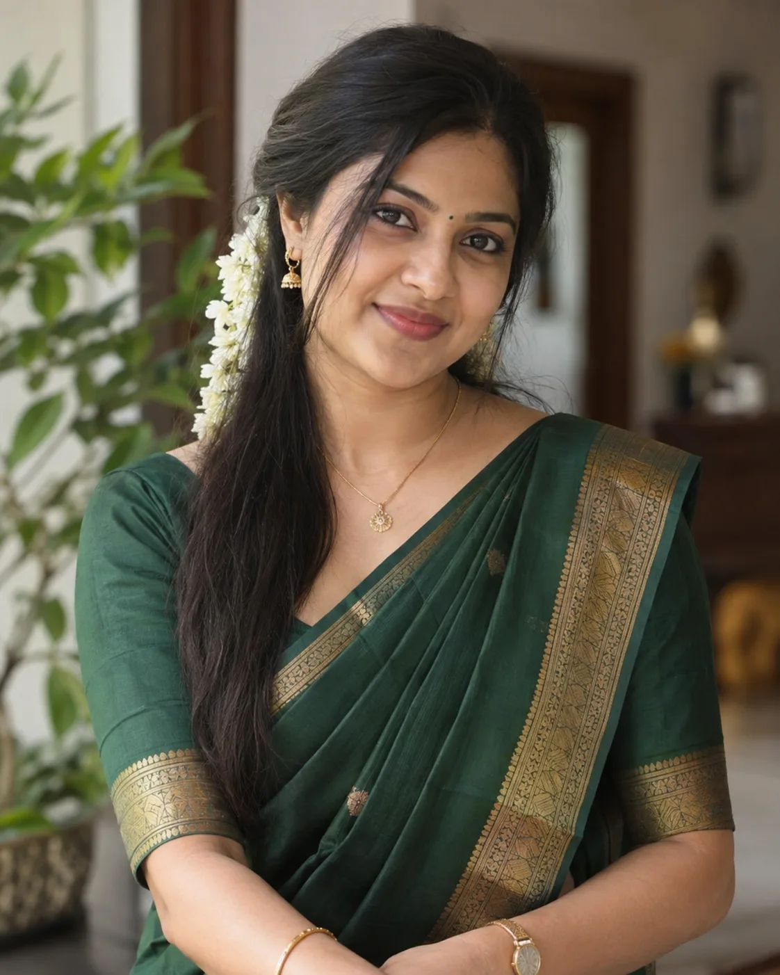 Fictional South Indian woman profile in a traditional saree