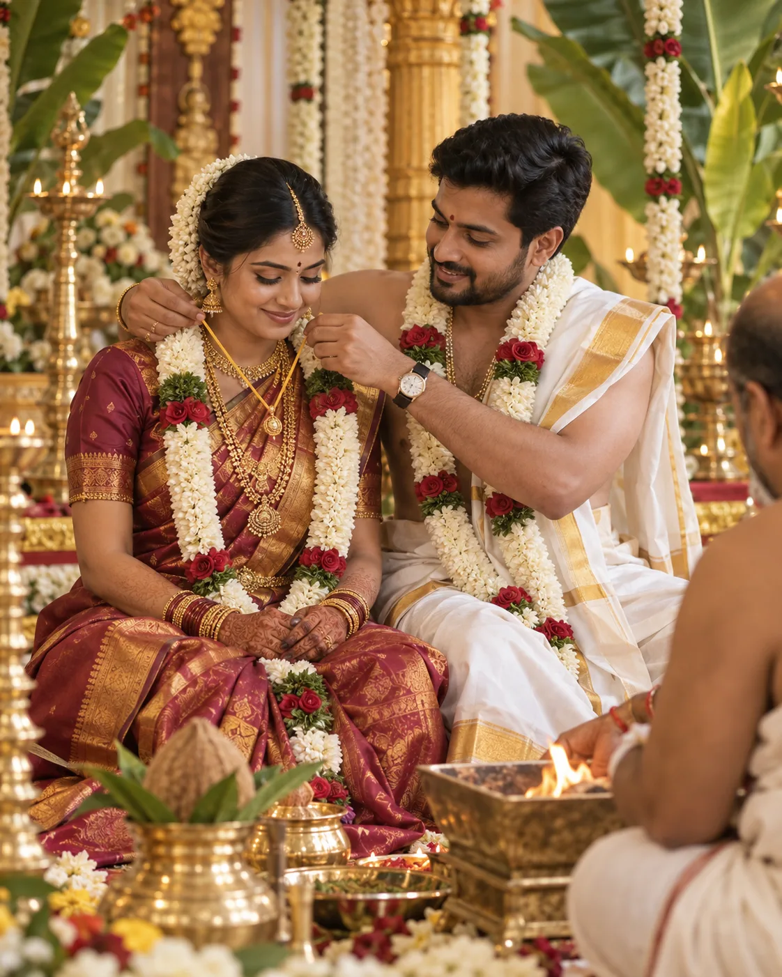South Indian bride and groom during the mangalyam ceremony