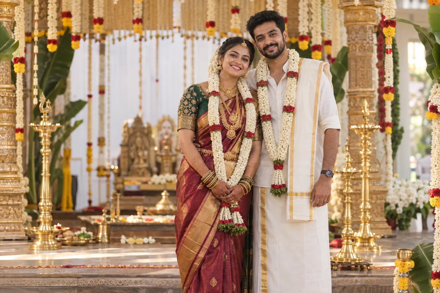 South Indian couple celebrating their traditional wedding ceremony